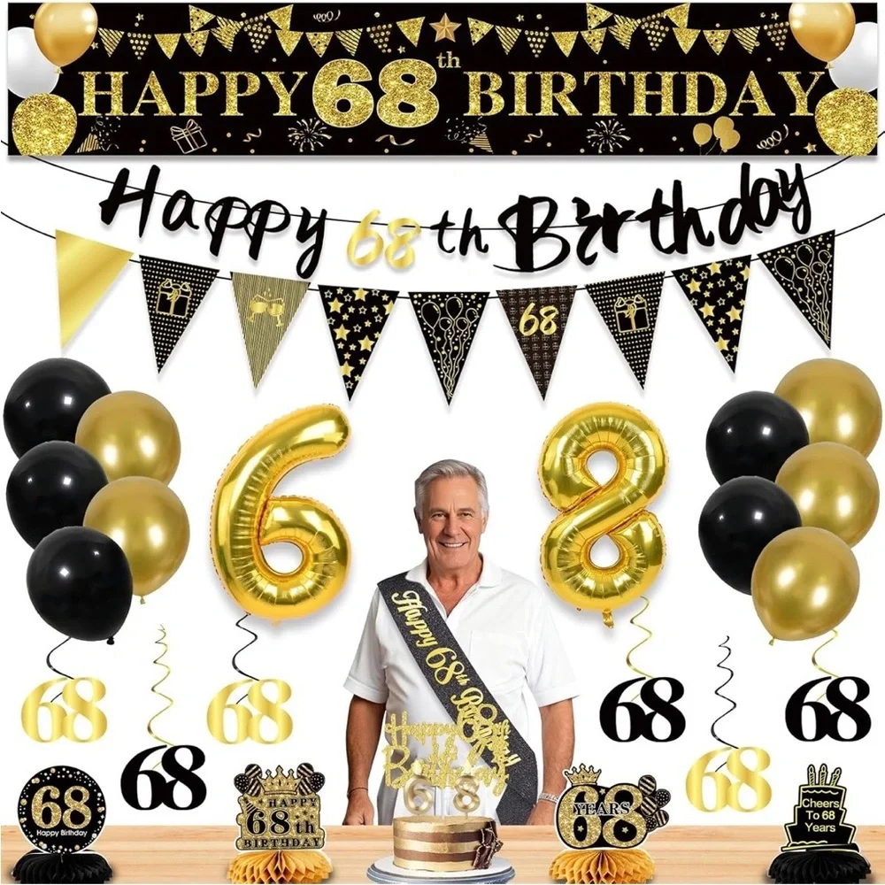 🎉 YeohJoy 68th Birthday Decoration Set – Black & Gold – Complete Party Kit